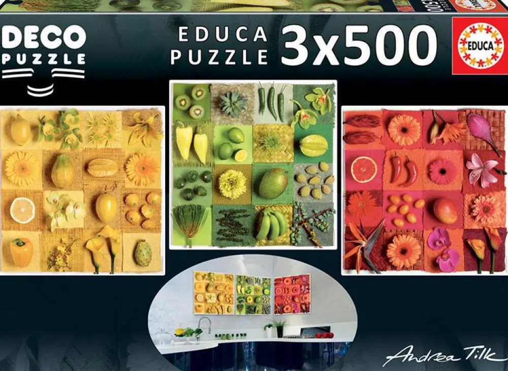 Online educa Puslespil m. 3 x 500 brikker - Frugt & blomster